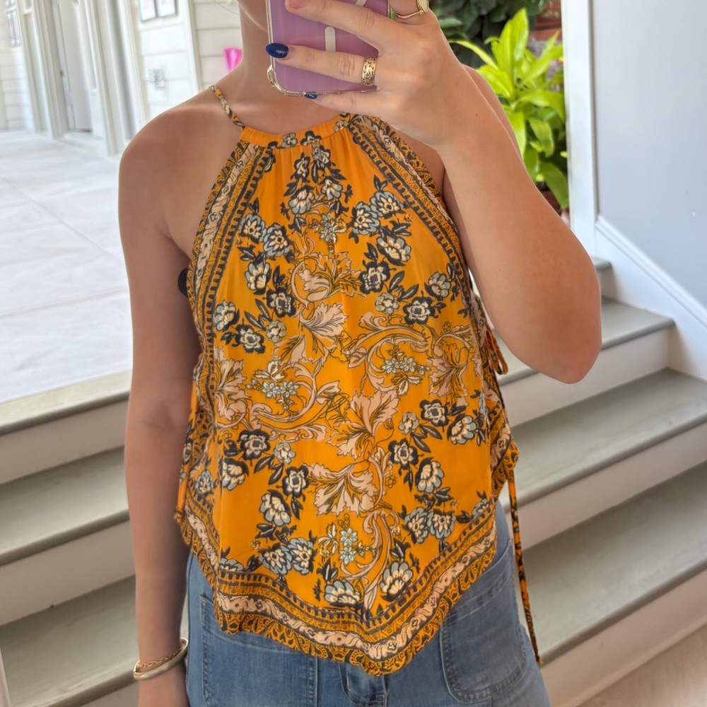Free People Floral Halter Tank Top - Yellow and Black